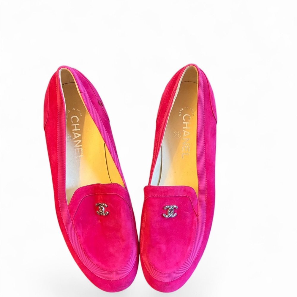 CHANEL Hot Pink Suede Loafers with Silver CC Hardware